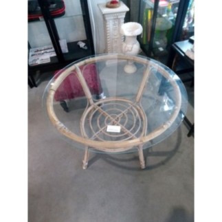 PETITE TABLE EN ROTIN RONDE + DESSUS VERRE
